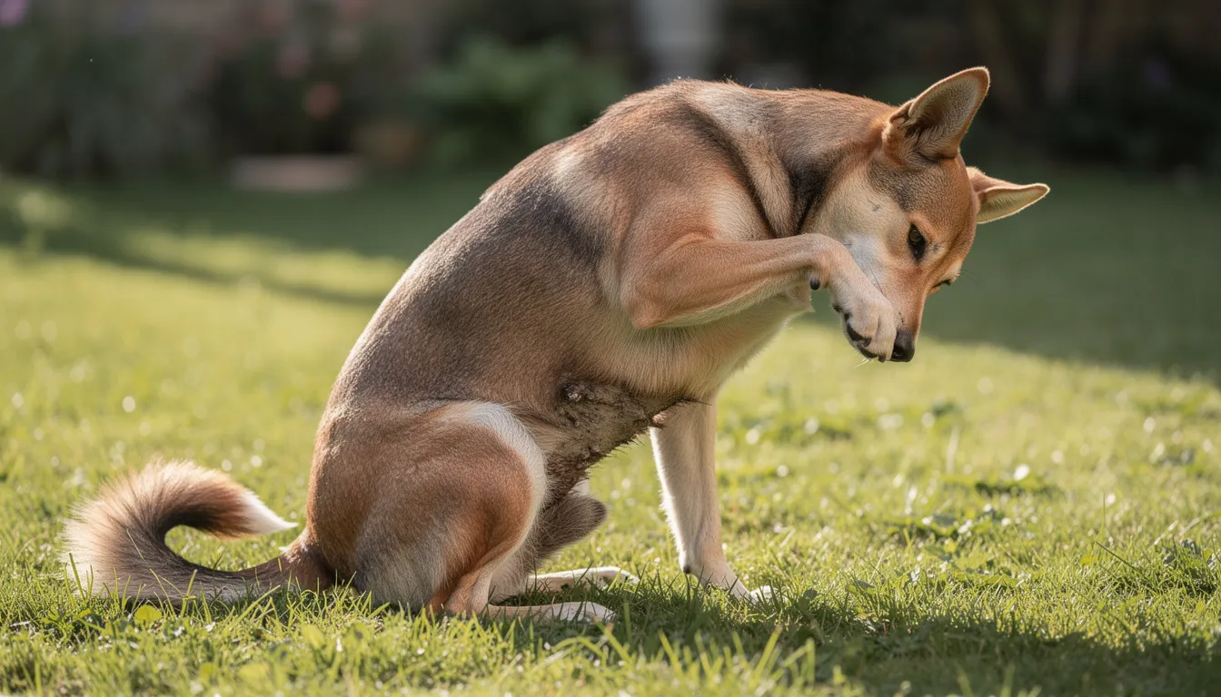 Na zdjęciu widoczny jest pies drapiący się w okolicy nasady ogona na zielonej trawie. Jego zachowanie może sugerować swędzenie lub niepokojące objawy, takie jak alergie czy problemy behawioralne.