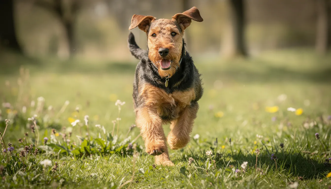Na obrazku widać teriera walijskiego biegnącego radośnie przez łąkę, cieszącego się zabawą na świeżym powietrzu. Jego silny temperament i wesoły charakter sprawiają, że jest doskonałym towarzyszem dla swojej rodziny.