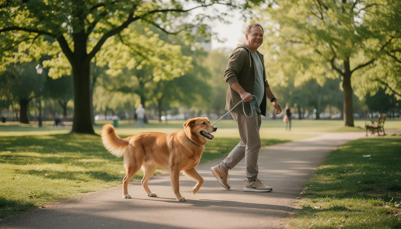 Na zdjęciu widać szczęśliwego psa spacerującego na smyczy z opiekunem w parku, otoczonego zielenią i drzewami. Pies ma zdrowe oczy, co jest ważne dla jego dobrego samopoczucia i zapobiegania chorobom okulistycznym, takim jak zaćma.
