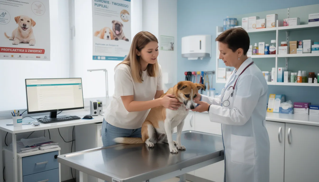 Na zdjęciu widoczny jest właściciel z psem podczas wizyty u weterynarza. Weterynarz przeprowadza badania kału, aby sprawdzić obecność pasożytów jelitowych, takich jak glista psia czy włosogłówka trichuris vulpis, które mogą zarażać psy, zwłaszcza młode szczenięta.