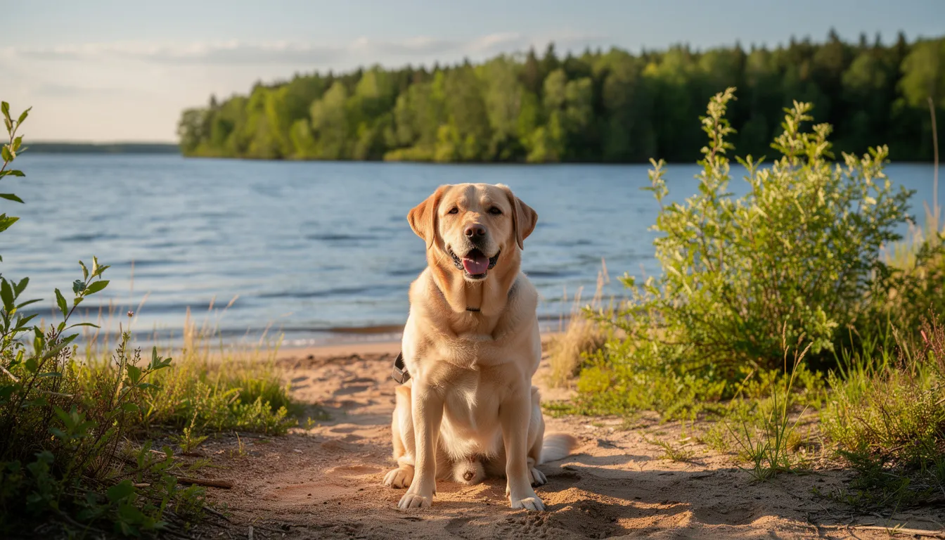 Na obrazie widoczny jest pies rasy labrador siedzący na plaży przy jeziorze, otoczony zielenią. Jego sierść lśni w słońcu, a w tle widać spokojną wodę oraz drzewa, co tworzy relaksującą atmosferę.