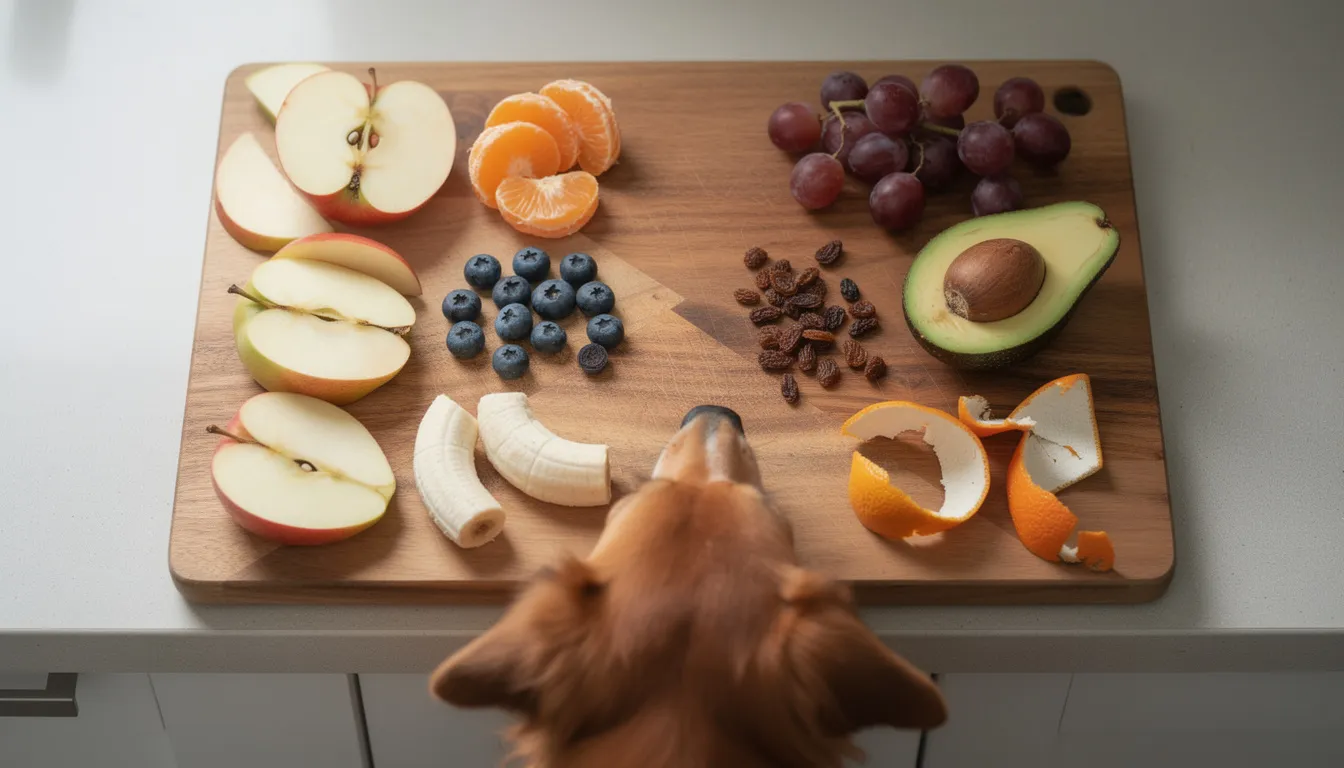 Na desce do krojenia znajdują się różne owoce, podzielone na bezpieczne i niebezpieczne dla psów, w tym rasy shih tzu. Warto zwrócić uwagę na produkty, które mogą negatywnie wpływać na zdrowie psa, takie jak dojrzałe pomidory, które są szczególnie niebezpieczne dla jego układu pokarmowego.