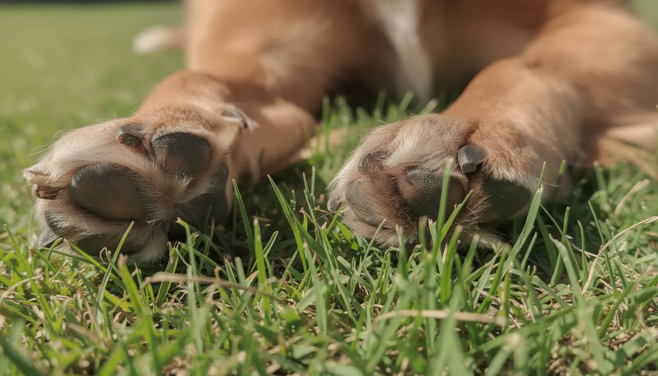 Zbliżenie na łapy psa leżącego na trawie, z wyraźnie widocznymi poduszkami. Pies liże jedną łapę, co może być sygnałem do zwrócenia uwagi na możliwe problemy zdrowotne, takie jak alergie skórne czy podrażnienia.