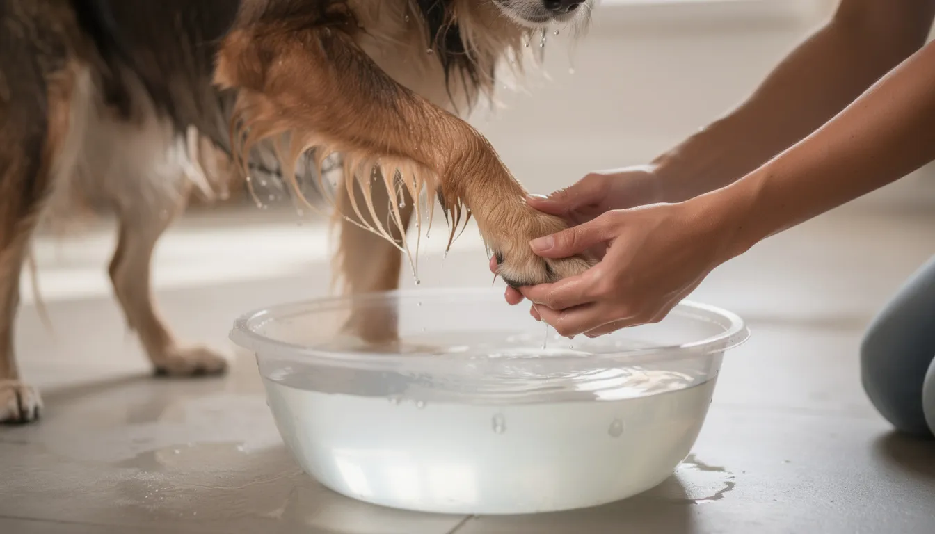 Na obrazku widzimy osobę myjącą łapy psa w misce z wodą. Pies, z lśniącą sierścią, wydaje się być zrelaksowany podczas kąpieli, co może pomóc w pielęgnacji jego skóry i zapobiegać problemom, takim jak swędzenie czy wygryzanie sierści.