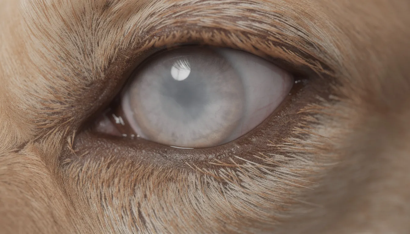 Na zbliżeniu widać oko psa z białawym zmętnieniem w obszarze źrenicy, co może sugerować obecność zaćmy, takiej jak zaćma starcza lub pourazowa. Zmętnienie soczewki oka może prowadzić do utraty wzroku, dlatego ważne jest, aby skonsultować się z lekarzem weterynarii w celu diagnostyki i ewentualnego leczenia.