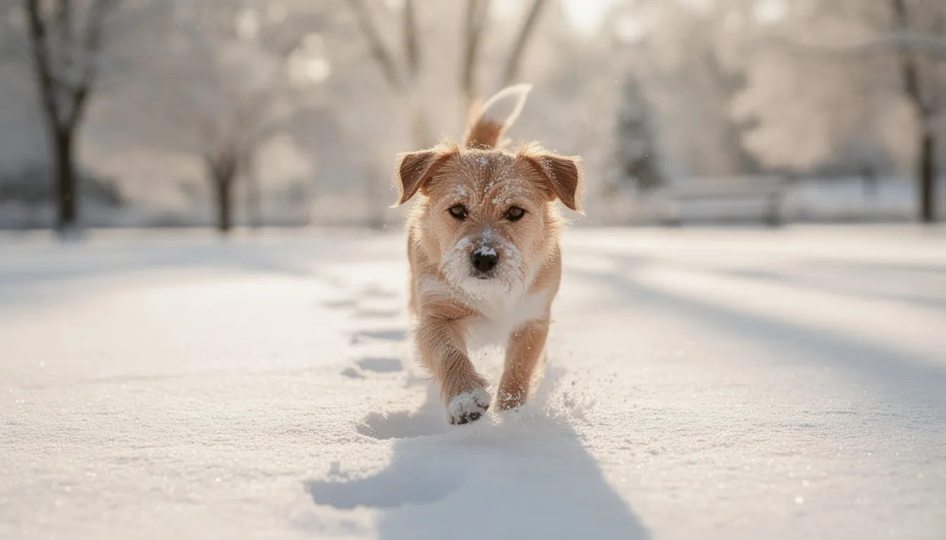 Na obrazku widać psa spacerującego po świeżym śniegu w zimowy dzień, jego długie sierści i łapy psa zostawiają ślady na białym tle. Pies cieszy się zimnym powietrzem, a jego psie łapki są chronione przed mrozem przez odpowiednią pielęgnację.