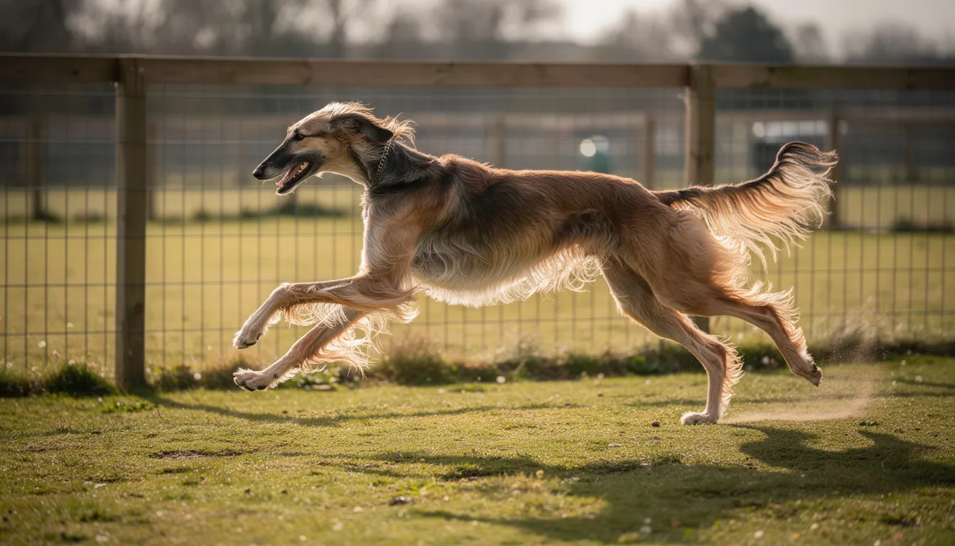Na ogrodzonym wybiegu widać charta afgańskiego w pełnym galopie, który z majestatycznym wyglądem i jedwabistą sierścią pokazuje swoje naturalne predyspozycje do biegu. Jego niezależny charakter i silny instynkt łowiecki sprawiają, że wygląda jak doskonały pies myśliwski.