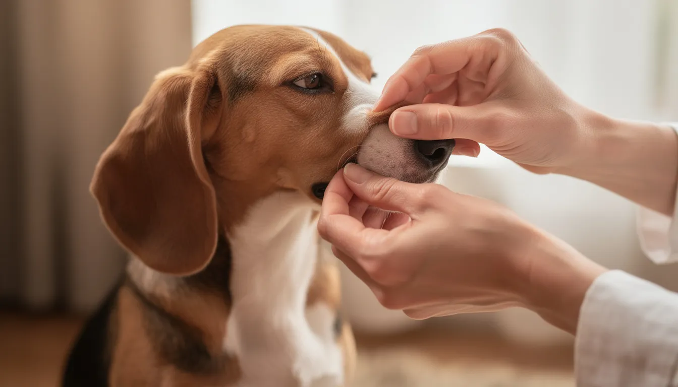 Na zdjęciu widać dłonie właściciela delikatnie sprawdzające ucho psa rasy beagle, poszukujące kleszczy. Pies ma krótką sierść, a jego głowa jest lekko odchylona, co ułatwia kontrolę okolic uszu, gdzie mogą znajdować się wbite kleszcze.