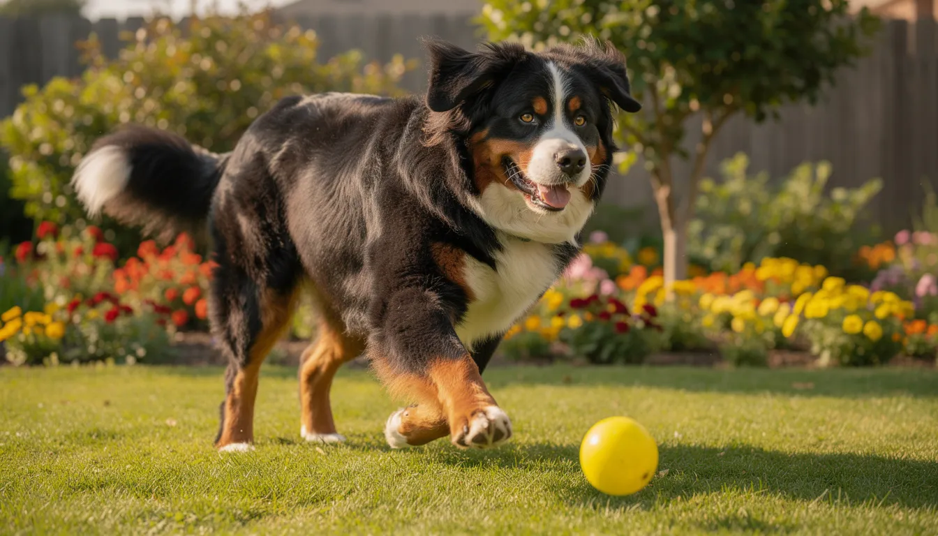 Na obrazku widać dużego, puszystego psa rasy berneński pies pasterski, który bawi się w ogrodzie. Pies ma przyjazny charakter i cieszy się świeżym powietrzem, co czyni go idealnym towarzyszem dla rodzin z dziećmi.