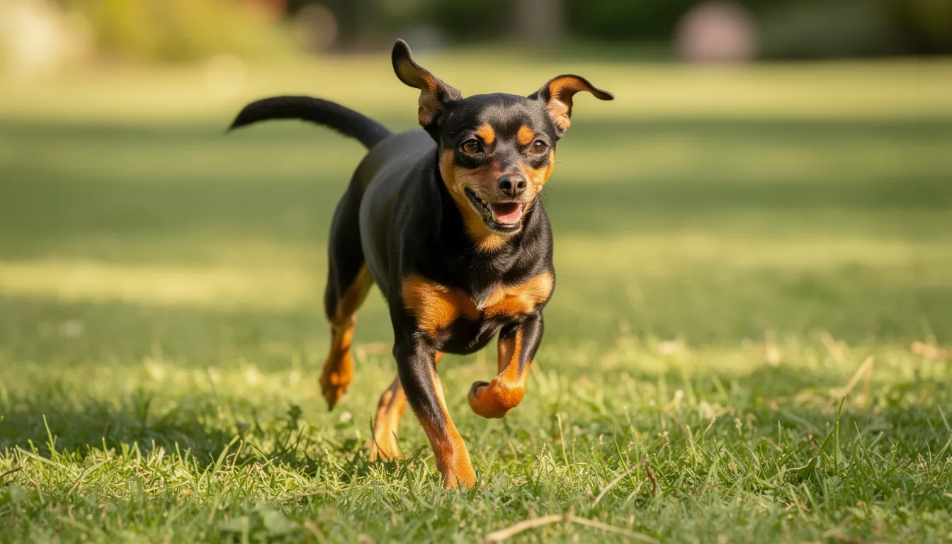 Na zdjęciu widać małego psa o czarno-podpalanym umaszczeniu, który radośnie biega po zielonej trawie. Pies, przypominający pinczera miniaturowego, ma krótką sierść i wyrazisty wygląd, co podkreśla jego niewielkie rozmiary i żywotność.
