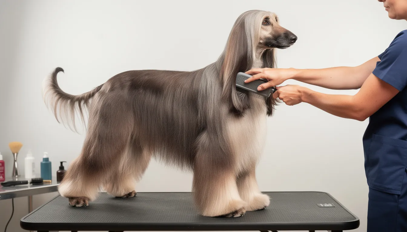 Na zdjęciu przedstawiony jest chart afgański podczas sesji pielęgnacyjnej, gdzie opiekun czesze jego długą, jedwabistą sierść. Pies ma majestatyczny wygląd, a jego niezależny charakter widać w jego pozie i wyrazie twarzy.