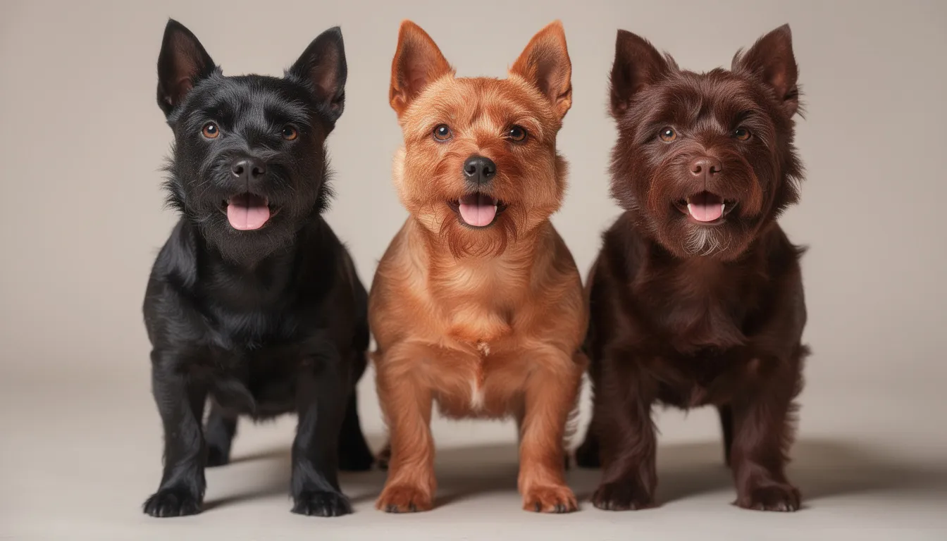 Na zdjęciu znajdują się trzy małe teriery, każdy w innym kolorze: czarny, rudy i czekoladowy. Te urocze psy, znane jako patterdale terriery, stoją obok siebie, prezentując różnorodność swoich umaszczeń.
