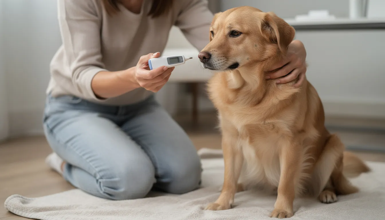 Na obrazku widzimy osobę, która mierzy temperaturę ciała psa za pomocą cyfrowego termometru. Pies ma ciepłe uszy, co może być oznaką gorączki, a jego zachowanie sugeruje, że może odczuwać dyskomfort.