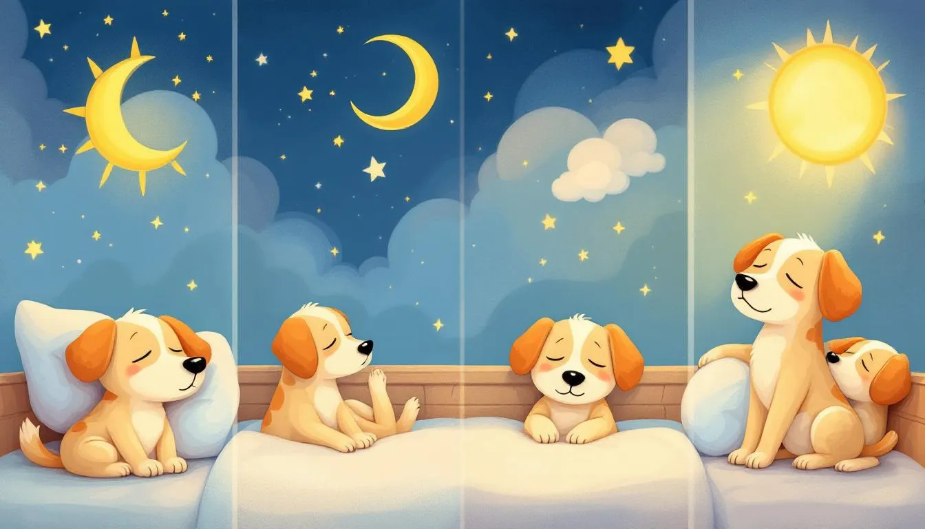 Cykl snu psa. Pies w różnych fazach snu, od lekkiego snu do głębokiego snu.