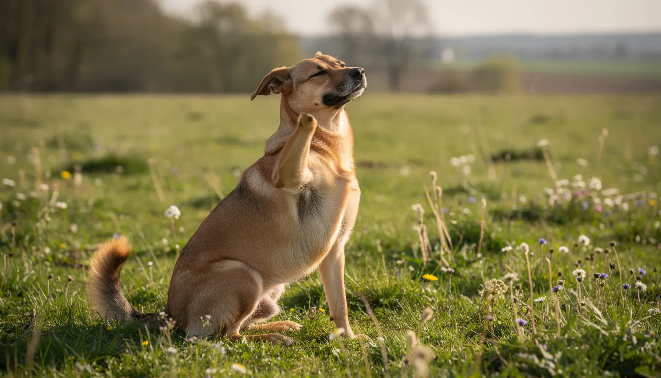 Na łące widać psa, który drapie się za uchem, co może wskazywać na objawy atopowego zapalenia skóry. W przypadku atopowego zapalenia skóry u psa, takie jak uporczywy świąd, mogą być spowodowane alergiami pokarmowymi lub substancjami środowiskowymi.
