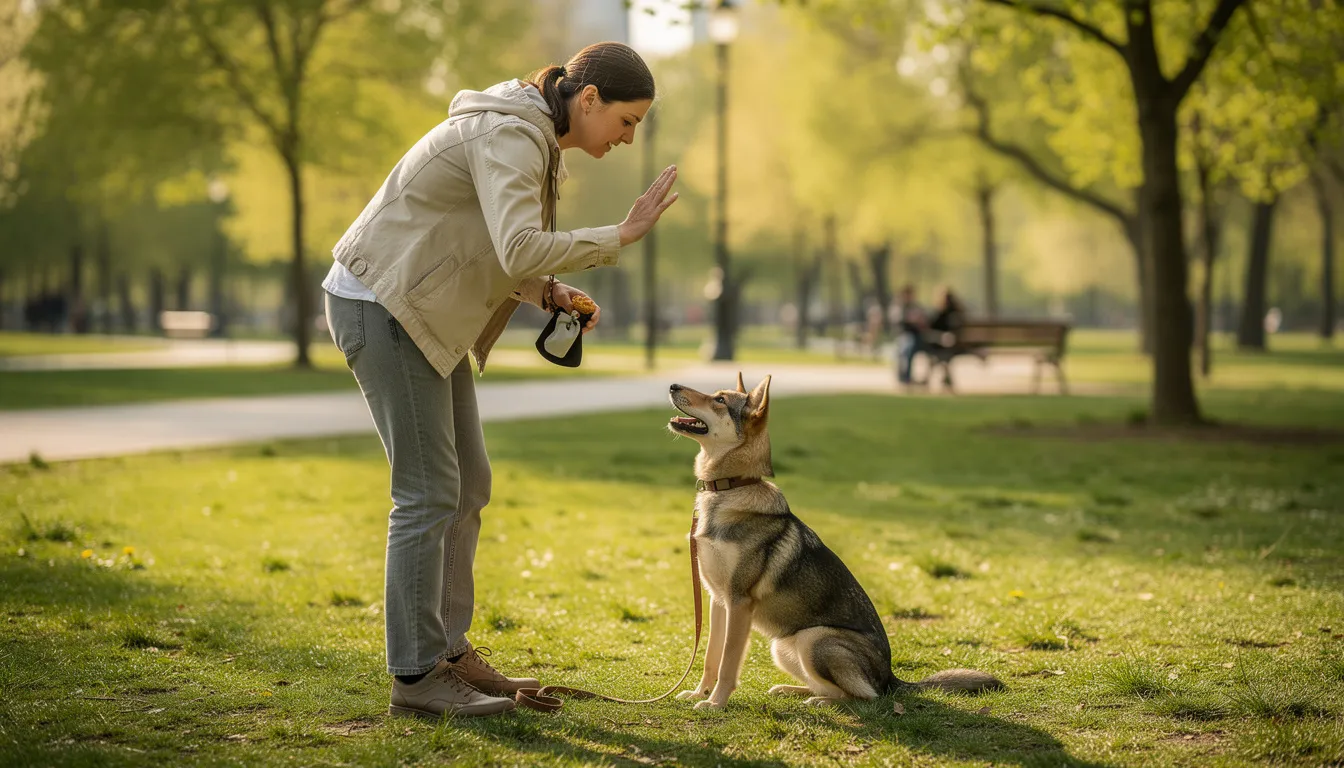 Na zdjęciu widać właściciela, który uczy młodego psa nowych komend w parku. Szczeniak z zainteresowaniem obserwuje swojego opiekuna, a w tle widać zieleń drzew i inne psy bawiące się w przestrzeni parku.