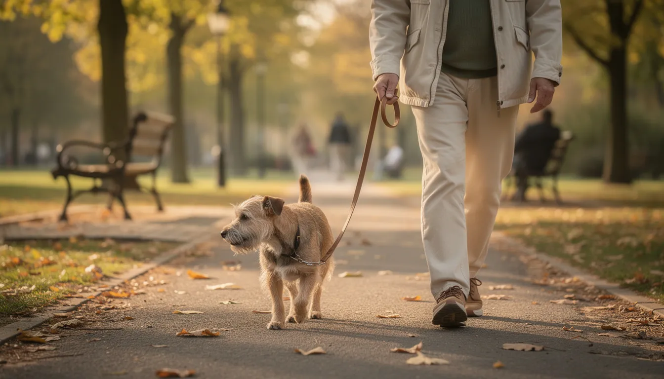 Starszy airedale terrier spaceruje spokojnie w parku obok swojego właściciela, ciesząc się świeżym powietrzem i otaczającą go zielenią. Pies rasy airedale terrier, znany ze swojej muskularnej sylwetki i wesołego usposobienia, prezentuje się dostojnie na tle drzew i alejek parku.