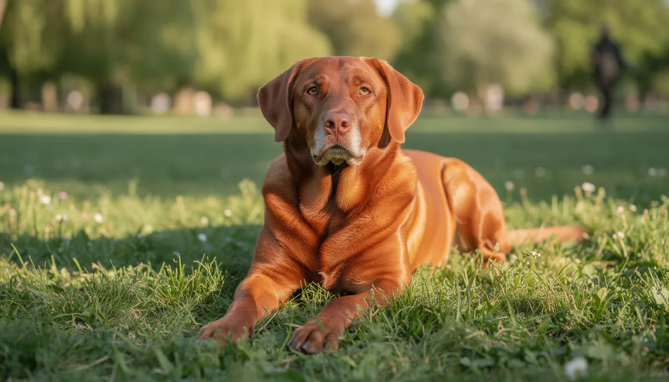 Na trawie leży zdrowy pies z błyszczącą sierścią, ciesząc się słońcem. Jego zdrowie wspierane jest przez zbilansowaną dietę, w której mogą znaleźć się płatki owsiane dostarczające cennych składników odżywczych.
