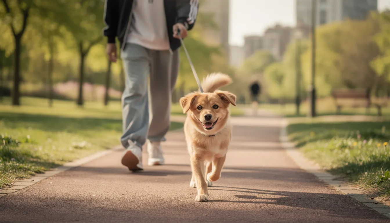 Na zdjęciu widać młodą suczkę na spacerze, trzymaną na smyczy przez swojego opiekuna. Jej zachowanie może być związane z etapem cieczki, co często objawia się zwiększonym zainteresowaniem otoczeniem i innymi czworonogami.
