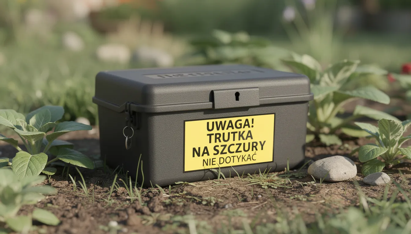 Na zdjęciu znajduje się zamknięta stacja deratyzacyjna z ostrzegawczą tabliczką, która informuje o niebezpieczeństwie związanym z trutkami dla zwierząt. Właściciele psów powinni być świadomi, że zjedzenie trutki może prowadzić do poważnych problemów zdrowotnych, w tym śmierci psa.
