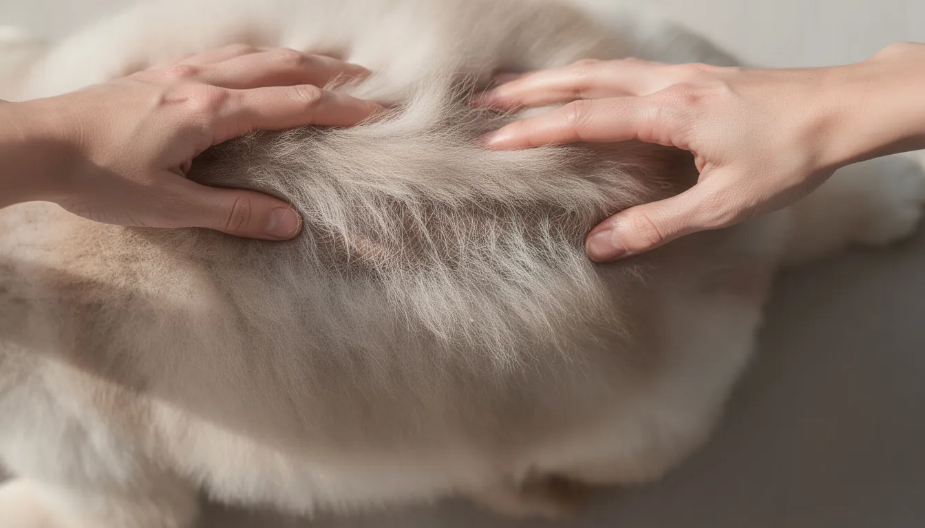 Na zdjęciu widać ręce delikatnie rozgarniające futro szczeniaka, co pozwala zobaczyć strukturę włosa okrywowego. Ukazanie tej struktury jest ważne, ponieważ sierść psa, w tym włosy okrywowe, chroni go przed zimnem oraz wpływami zewnętrznymi.