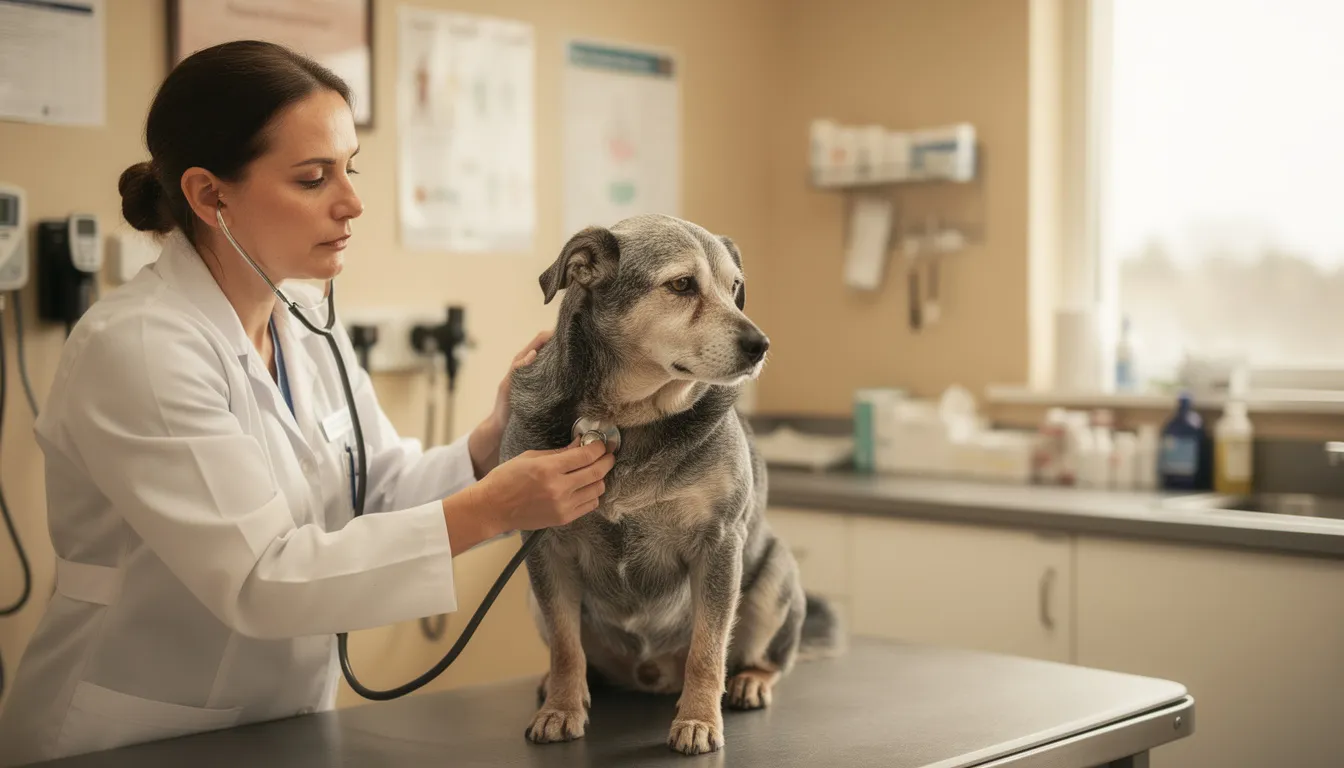 Na zdjęciu widzimy lekarza weterynarii delikatnie badającego starszego psa za pomocą stetoskopu. Specjalista ocenia stan zdrowia zwierzęcia, co może być istotne w kontekście wykrycia przewlekłej choroby serca, takiej jak niewydolność serca lub choroby serca u psów.