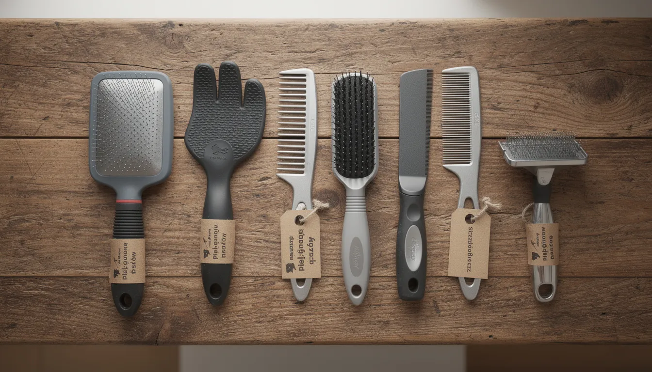 Na drewnianym stole ułożone są różne rodzaje szczotek i grzebieni do pielęgnacji psów, które pomagają w regularnym czesaniu sierści u psa. Używanie odpowiednich narzędzi do pielęgnacji jest kluczowe, aby ograniczyć nadmierne wypadanie sierści oraz poprawić kondycję skóry i sierści pupila.