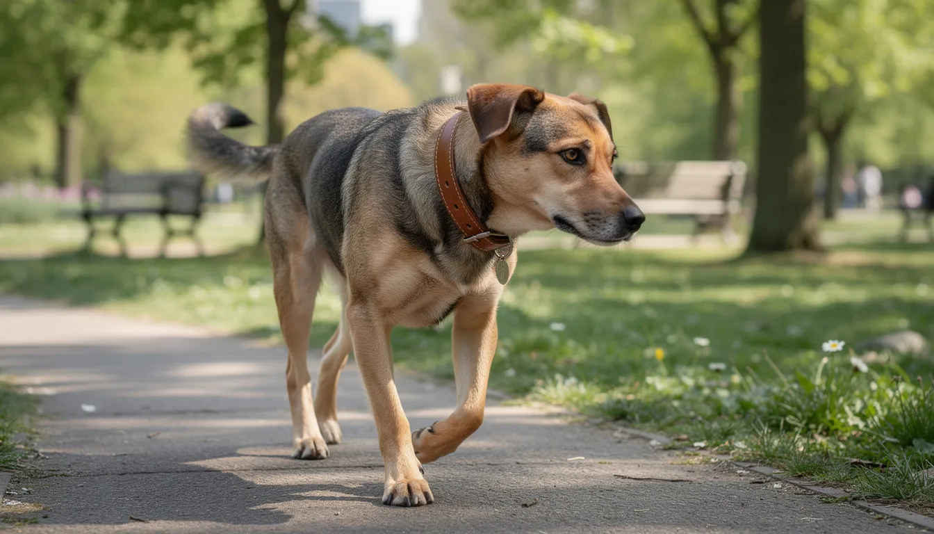 Na zdjęciu widoczny jest średniej wielkości pies, spacerujący po parku w eleganckiej, brązowej obroży skórzanej, która zapewnia mu komfort i bezpieczeństwo. Obroża wykonana z naturalnej skóry doskonale dopasowuje się do szyi zwierzęcia, co pozwala na stabilne prowadzenie podczas codziennych spacerów.