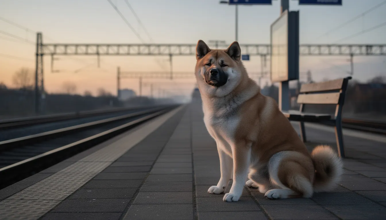 Na peronie kolejowym siedzi pies rasy akita, czekając cierpliwie. Jego gęsta sierść i zakręcony ogon sprawiają, że wygląda majestatycznie, a spokojny wyraz twarzy podkreśla charakter akity.