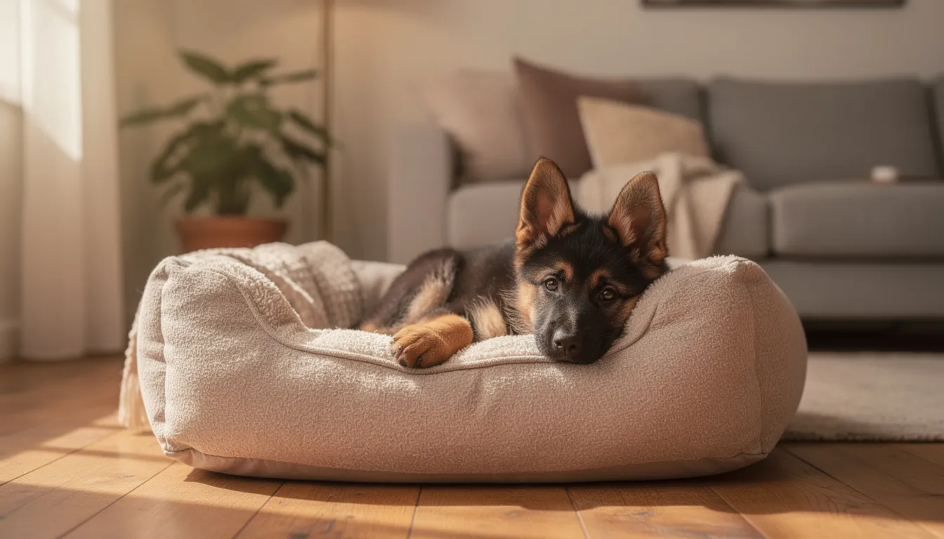 Na wygodnym legowisku w przytulnym mieszkaniu leży mały owczarek niemiecki, który wygląda na zrelaksowanego i szczęśliwego. Jego jasnoszare umaszczenie i lekko opadający zad dodają mu uroku, a otoczenie sprawia, że czuje się komfortowo.