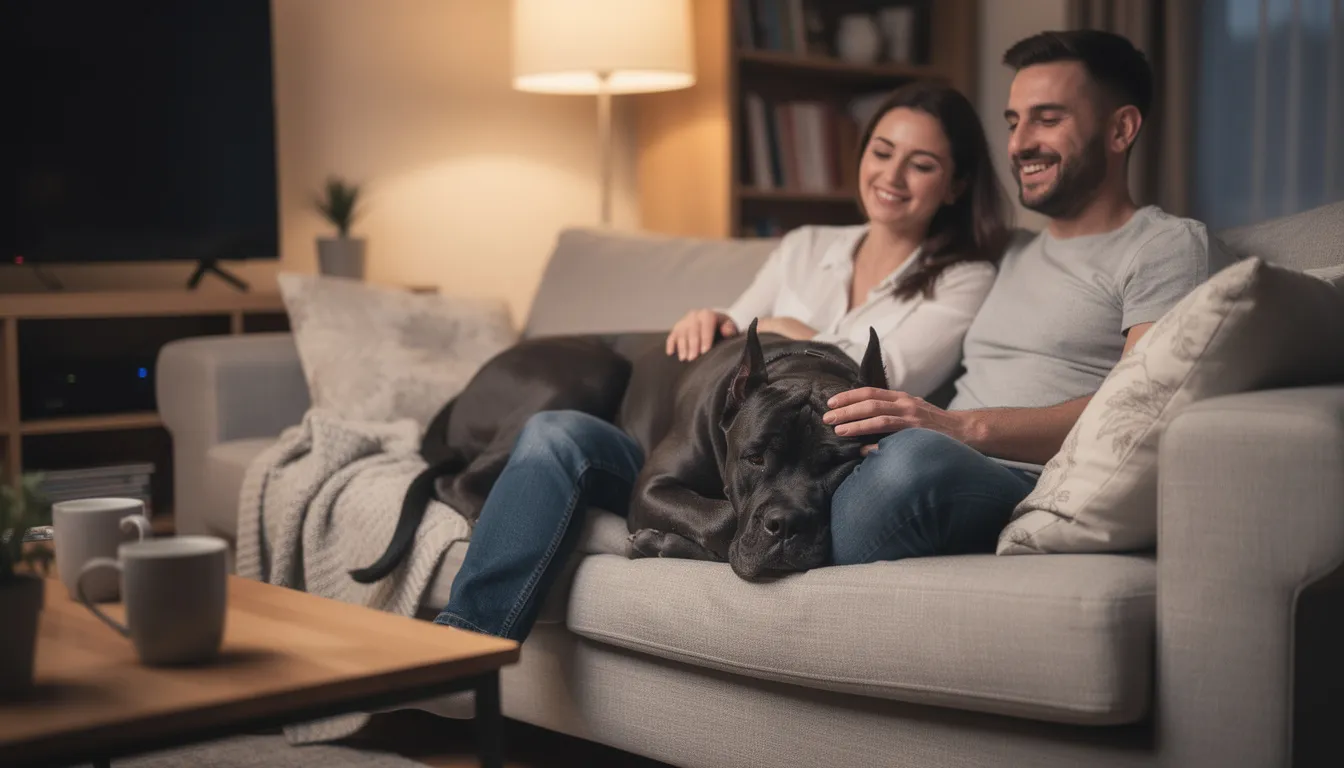 Na zdjęciu widać dorosłego psa rasy cane corso, który spokojnie leży na kanapie obok domowników. Jego krótka sierść w kolorze czarnym pręgowanym lśni w świetle, a wyraz twarzy wskazuje na jego mądrość i przywiązanie do rodziny.