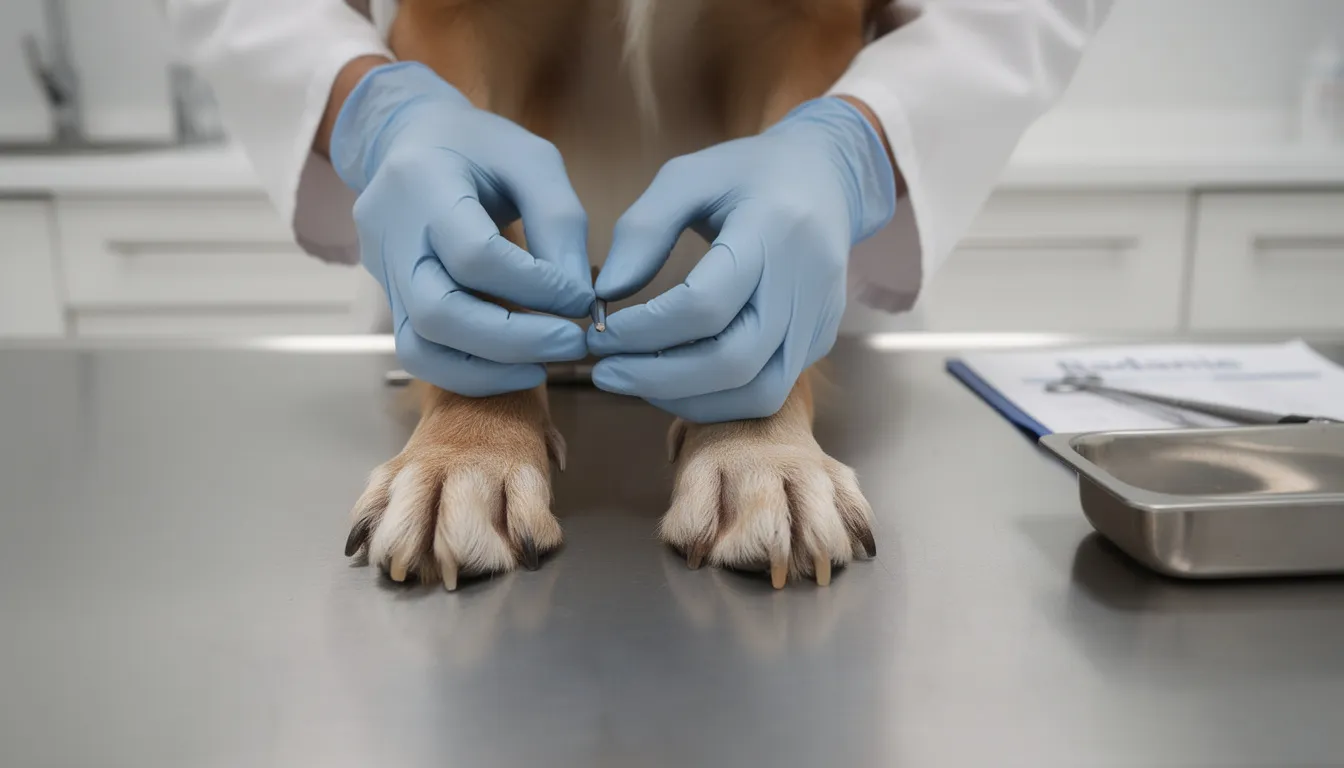 Na zdjęciu widać zbliżenie na łapy psa, które są badane przez lekarza weterynarii. Weterynarz sprawdza stan zapalny skóry oraz przestrzenie międzypalcowe, co może być istotne w diagnostyce zapalenia skóry i chorób alergicznych.