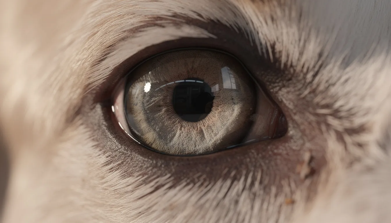 Zbliżenie na oko psa, w którym widać odbicie światła, ukazujące charakterystyczny połysk siatkówki, co podkreśla zdolności wzrokowe psów, które różnią się od ludzkiego oka. Psy widzą kolory w inny sposób, a ich oczy, zwłaszcza w warunkach słabego oświetlenia, mają większą wrażliwość na światło.