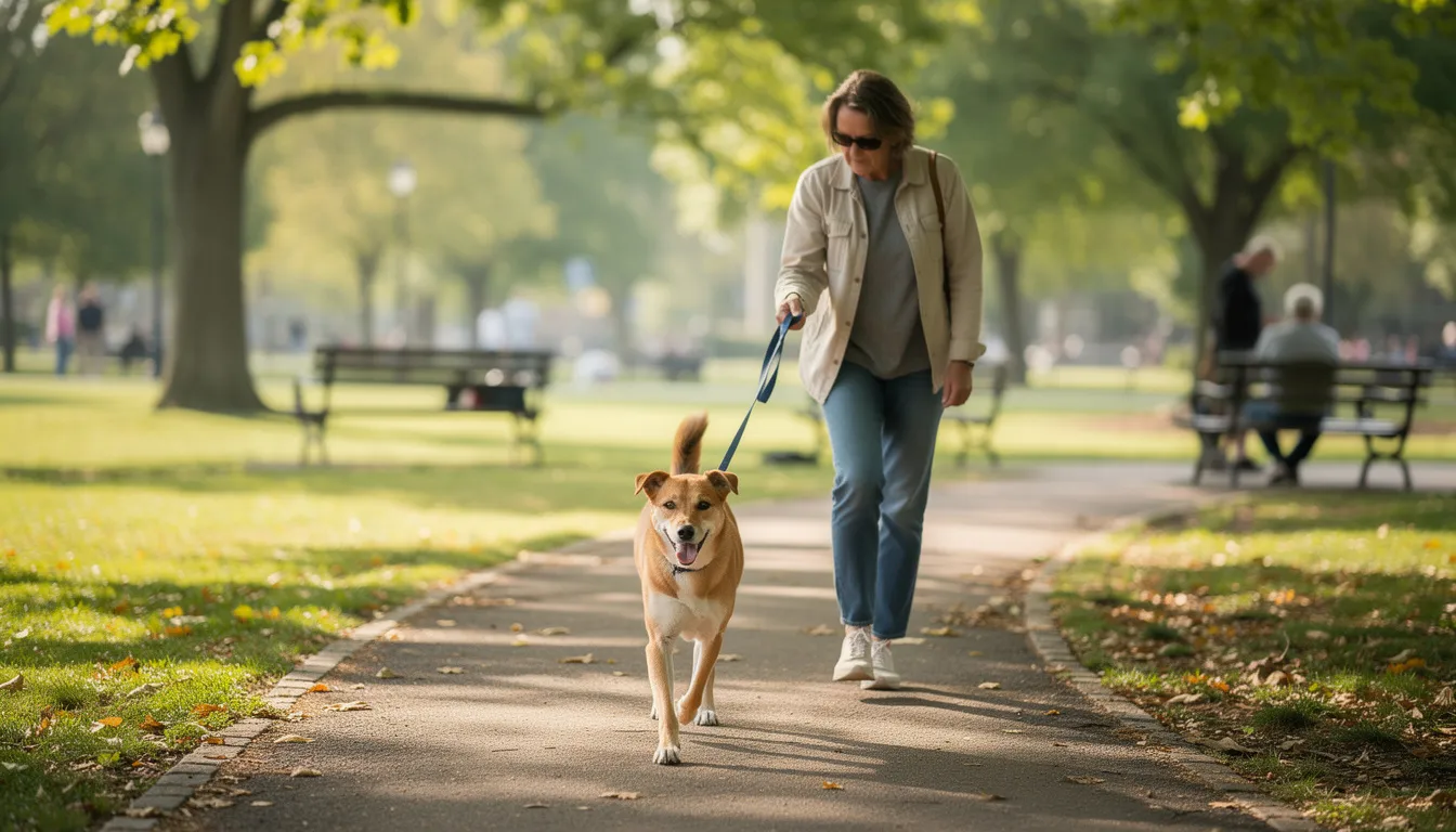Na zdjęciu widać psa spacerującego na smyczy w parku, którego właściciel uważnie go obserwuje. W tle znajdują się drzewa i alejki, co tworzy przyjemną atmosferę dla czworonogów i ich opiekunów.