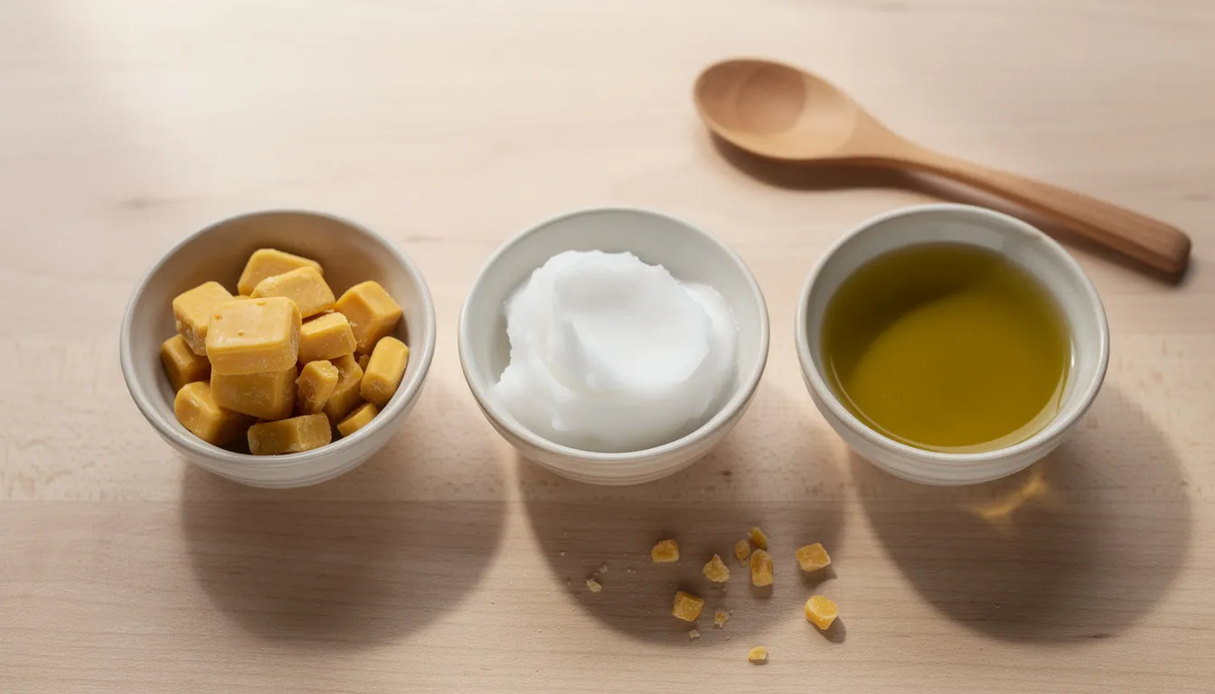 Na obrazku widoczne są trzy miseczki z składnikami do domowej maści: wosk pszczeli, olej kokosowy oraz oliwa z oliwek, które można wykorzystać do pielęgnacji łap psa, zwłaszcza w przypadku popękanych opuszek. Te naturalne preparaty mogą przynieść ulgę podrażnionej skórze psich łapek, szczególnie zimą.