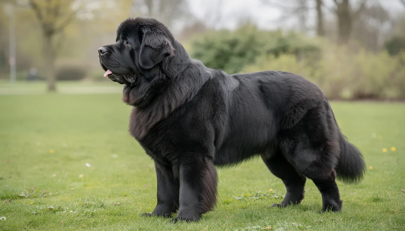 Na zdjęciu widoczny jest dorosły czarny nowofundland stojący na zielonej trawie, prezentujący swoją masywną sylwetkę oraz gęstą sierść. Pies tej rasy, znany ze swojej łagodnej natury, jest doskonałym towarzyszem dla miłośników czworonogów.