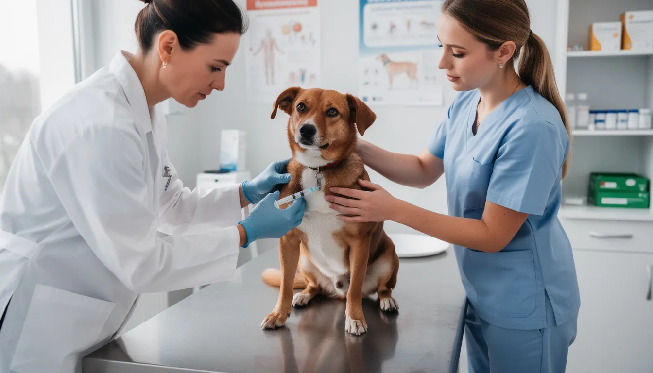 Pies jest szczepiony u weterynarza, a jego właściciel obserwuje ten proces. Szczepienia pomagają zapobiegać chorobom odzwierzęcym, takim jak wścieklizna czy choroby zakaźne, które mogą wpływać na zdrowie zwierząt domowych.