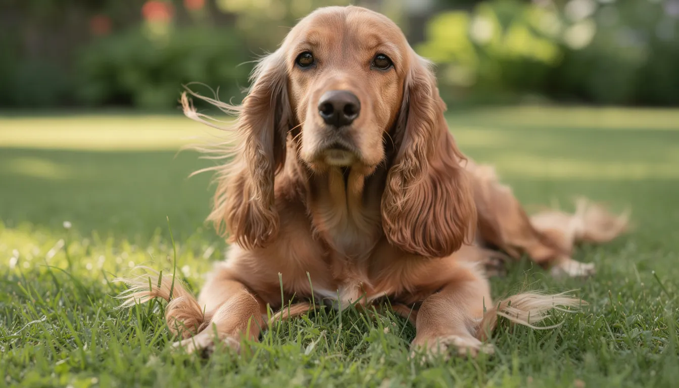 Pies rasy cocker spaniel leży na trawie, z długimi, zwisającymi uszami, które mogą być narażone na krwiak małżowiny usznej. Jego spokojna postawa sugeruje relaks, jednak warto zwrócić uwagę na regularną pielęgnację uszu, aby uniknąć potencjalnych problemów zdrowotnych.