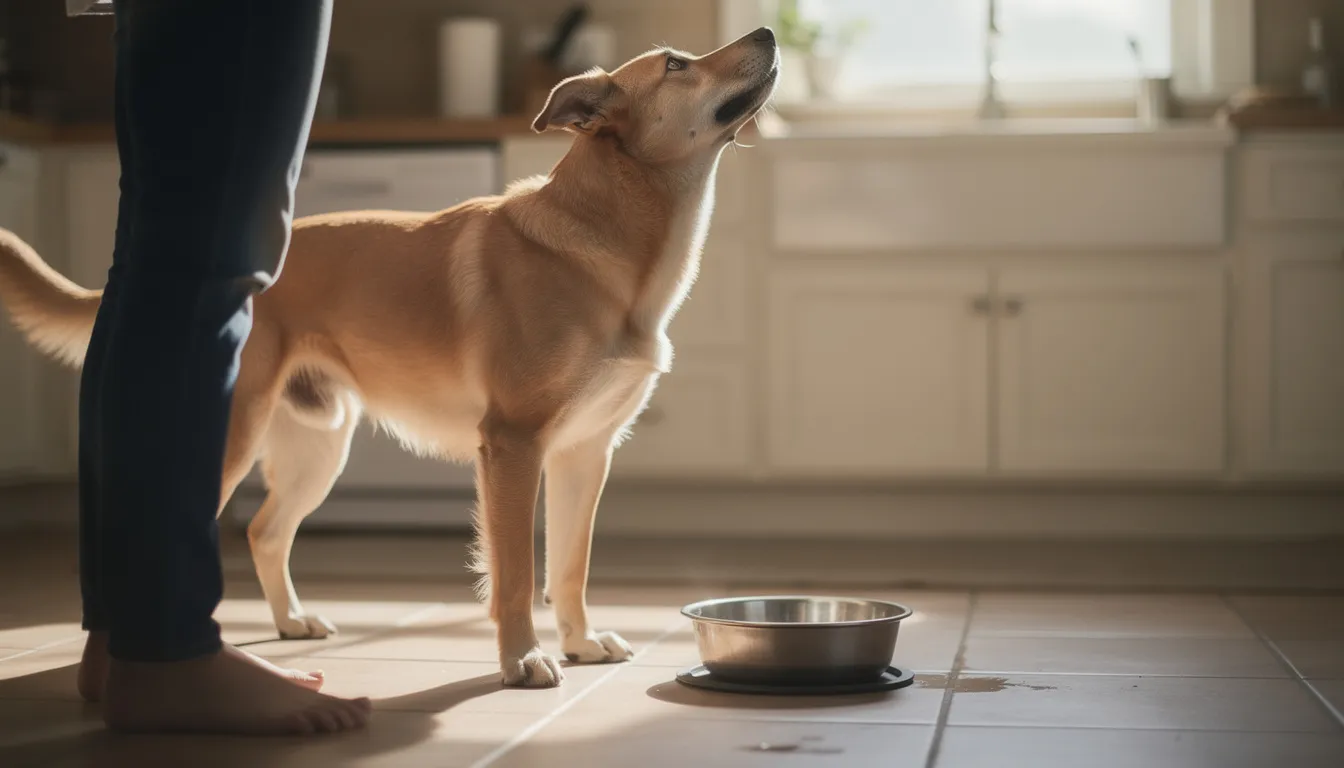 Na obrazku widać psa, który z uniesioną głową patrzy na swojego opiekuna, stojąc obok pustej miski. Wyraz jego twarzy sugeruje, że pies czuje się zaniepokojony, co może być związane z jego potrzebami fizjologicznymi lub lękiem separacyjnym.
