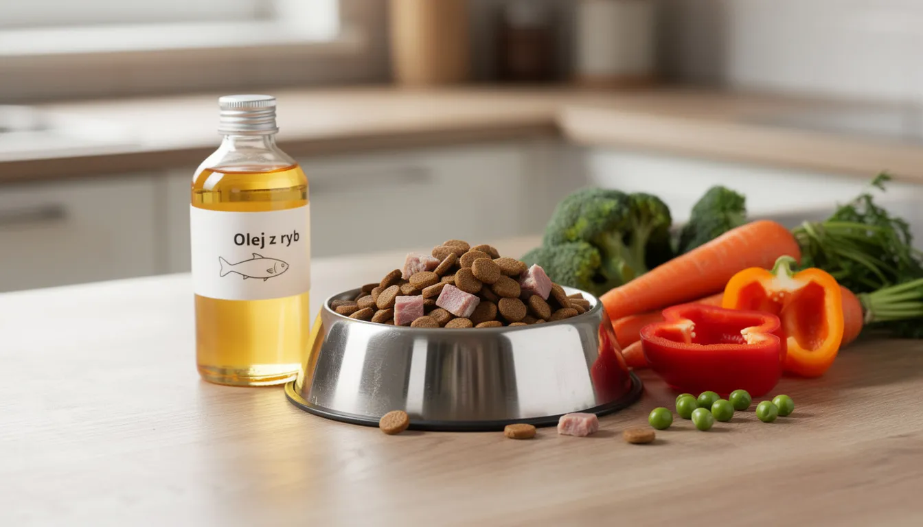 Na obrazku znajduje się miska z karmą dla psa, obok której leży butelka oleju rybiego oraz świeże warzywa. Taki zestaw może wspierać prawidłowe funkcjonowanie skóry psa i zapobiegać problemom takim jak łupież, który może być wynikiem niewłaściwej diety lub pielęgnacji sierści.