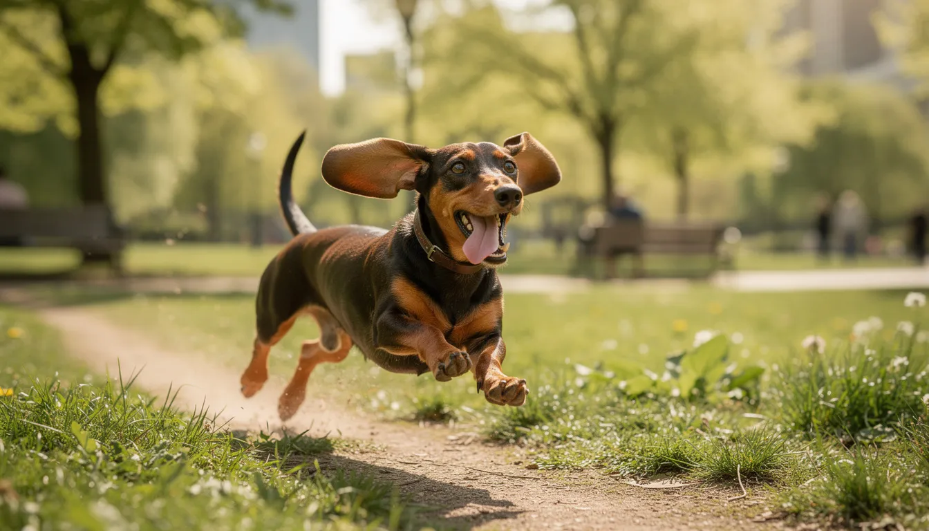 Na obrazie widać wesołego jamnika, który radośnie biegnie po zielonym trawniku w parku, otoczony drzewami i kwiatami. Jamnik, znany również pod inną nazwą, wydaje się pełen energii i radości, ciesząc się piękną pogodą.