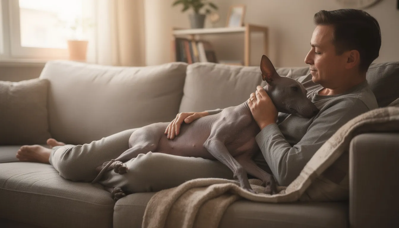Na zdjęciu widoczny jest nagi pies meksykański leżący na kanapie obok swojego opiekuna, co podkreśla bliską więź między psem a człowiekiem. Pies, o ciemnoszarej skórze, wydaje się spokojny i zrelaksowany w towarzystwie swojego właściciela.
