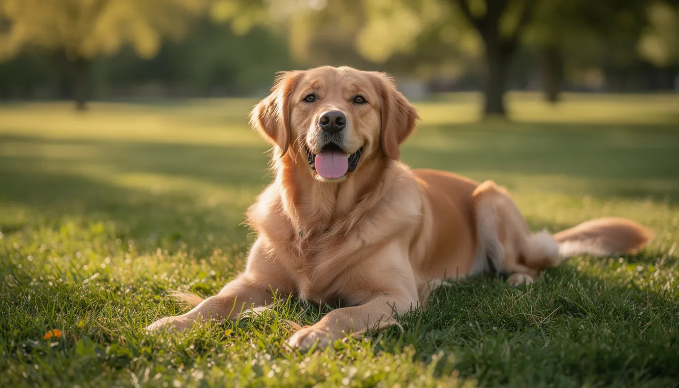 Na zdjęciu znajduje się golden retriever leżący na zielonej trawie. Pies wydaje się zrelaksowany, a jego skóra jest w dobrej kondycji, co może sugerować brak problemów skórnych, takich jak atopowe zapalenie skóry u psa.