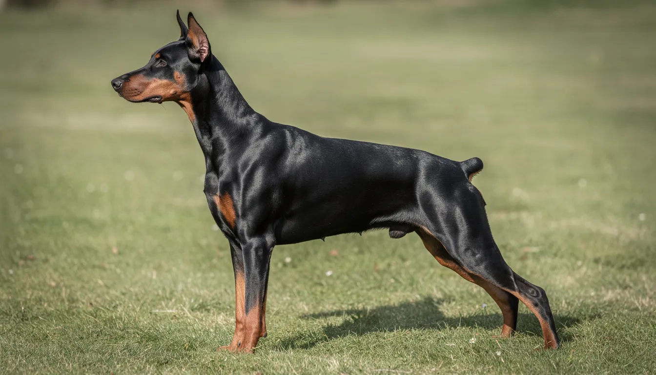 Na zielonej trawie stoi elegancki doberman w pozycji wystawowej, prezentując swoją smukłą sylwetkę i krótką sierść. Jego zrównoważony charakter oraz oddanie swojemu opiekunowi czynią go wspaniałym towarzyszem.