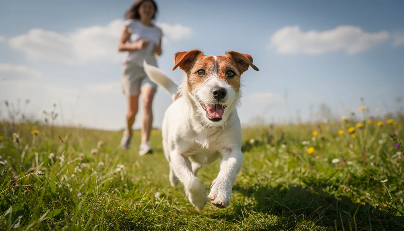 Na zdjęciu widać szczęśliwego Parson Russell Terriera, który biega po zielonej łące, z właścicielem w tle. Pies pełen energii pokazuje swój instynkt łowiecki, radosny i pewny siebie, co jest charakterystyczne dla tej rasy.
