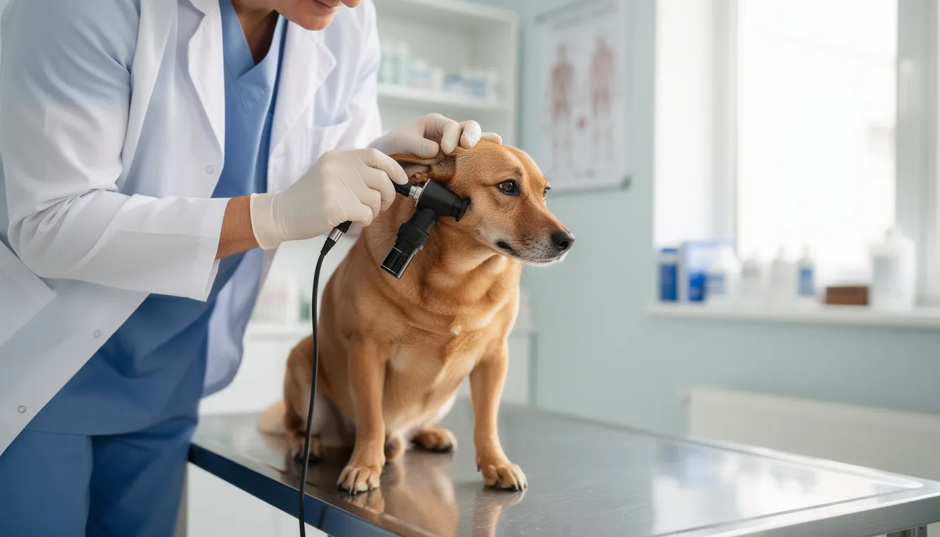Weterynarz bada ucho psa przy użyciu otoskopu, sprawdzając stan przewodu słuchowego w poszukiwaniu objawów zapalenia ucha. W tle widoczne są narzędzia weterynaryjne oraz spokojny pies, który jest poddawany badaniu.