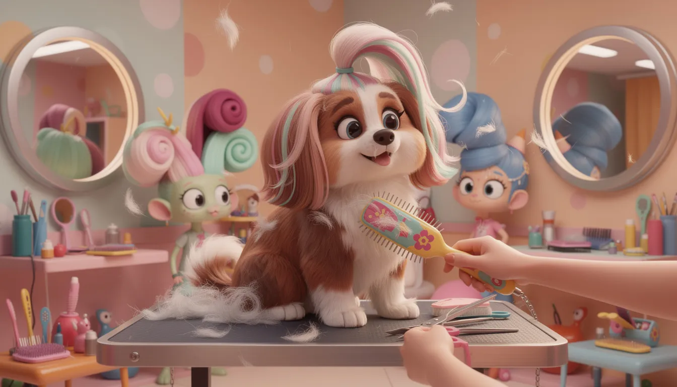 Pies z włosami podczas pielęgnacji, ukazujący proces czesania.