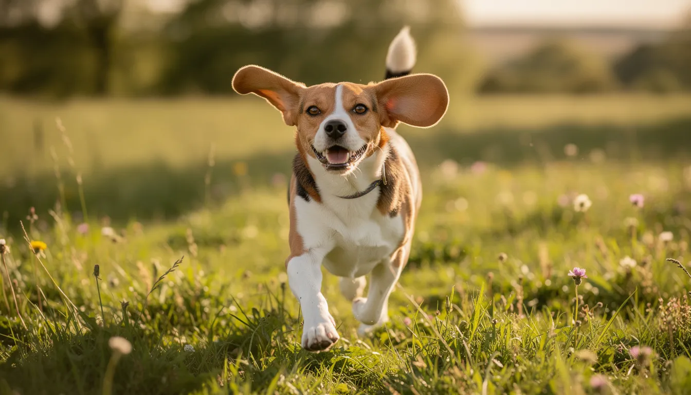 Na zdjęciu widać szczęśliwego beagle'a biegającego po zielonej łące, z jego zdrowo wyglądającymi uszami. Pies cieszy się świeżym powietrzem, co podkreśla znaczenie odpowiedniej pielęgnacji uszu dla psa, aby uniknąć chorób uszu i stanów zapalnych.