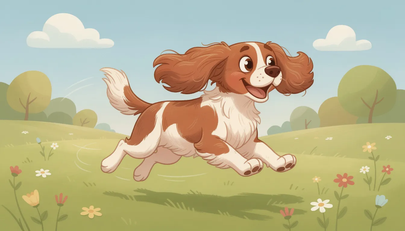 Springer spaniel angielski, większy brat cocker spaniela, biegający po łące.