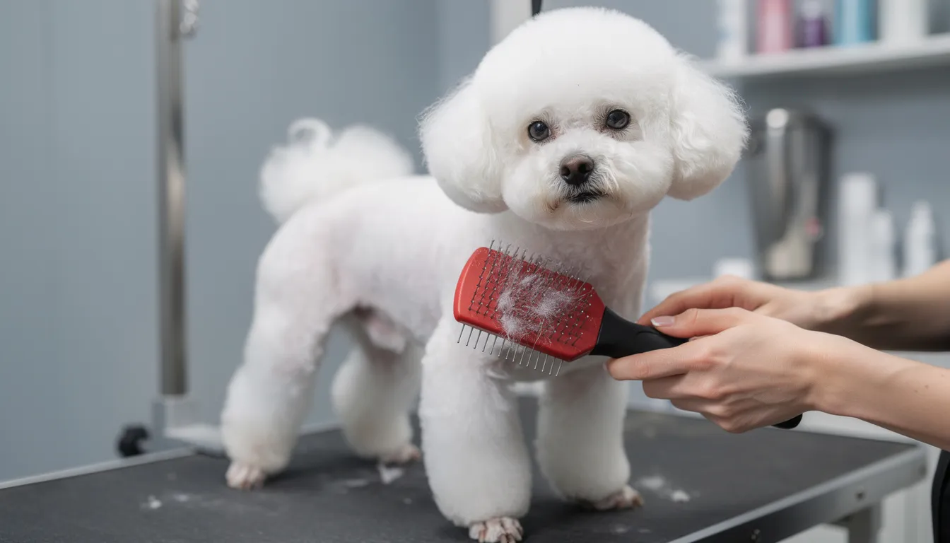 Na zdjęciu widoczny jest bichon frise podczas pielęgnacji, gdzie właściciel delikatnie szczotkuje jego gęstą, śnieżnobiałą sierść. Ten mały pies, znany ze swojego radosnego usposobienia, wymaga regularnej pielęgnacji, aby zachować zdrowie i dobrą kondycję.
